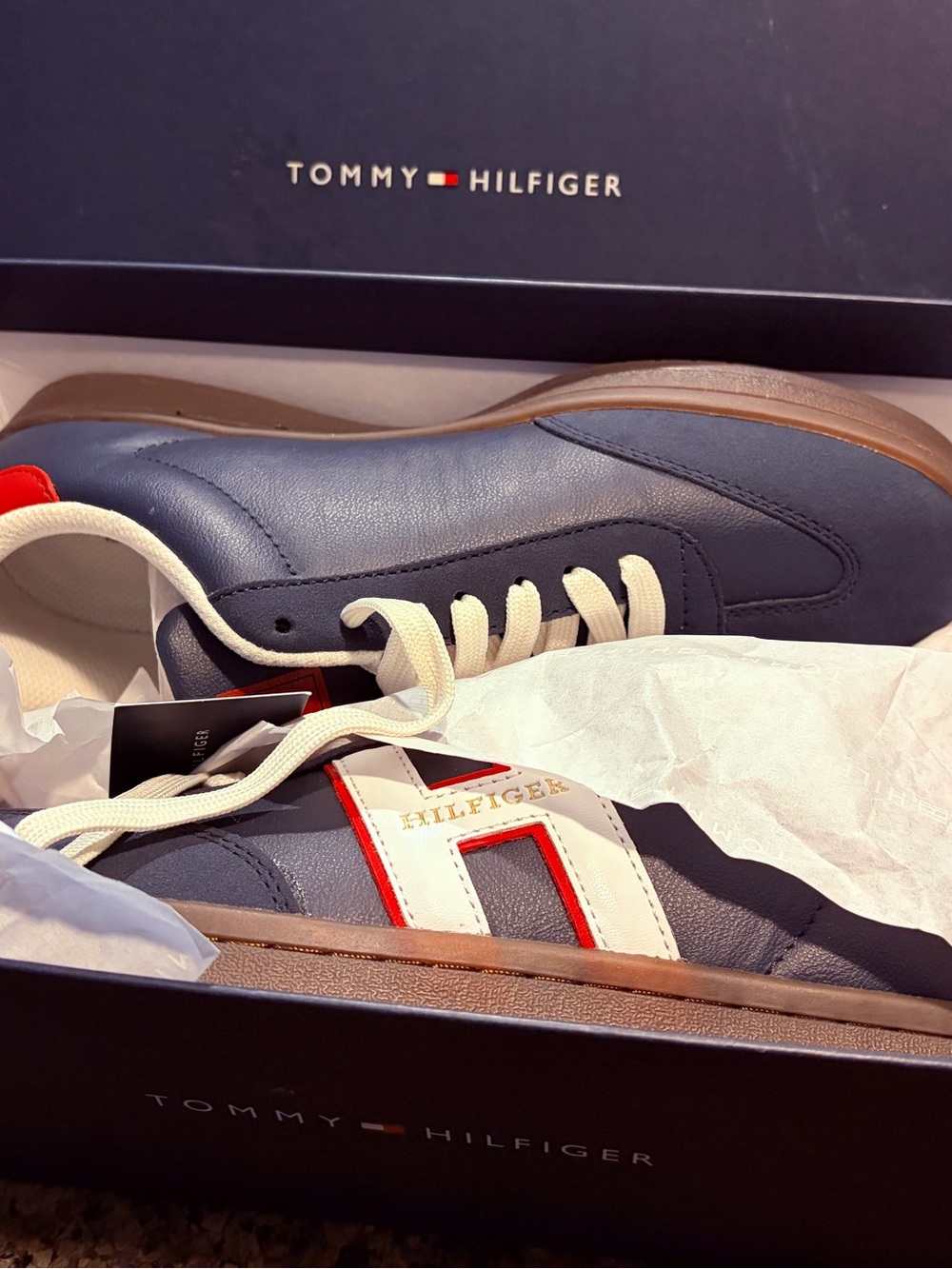 Tommy Hilfiger Men’s Navy Leather Sneakers with White & Red Accents